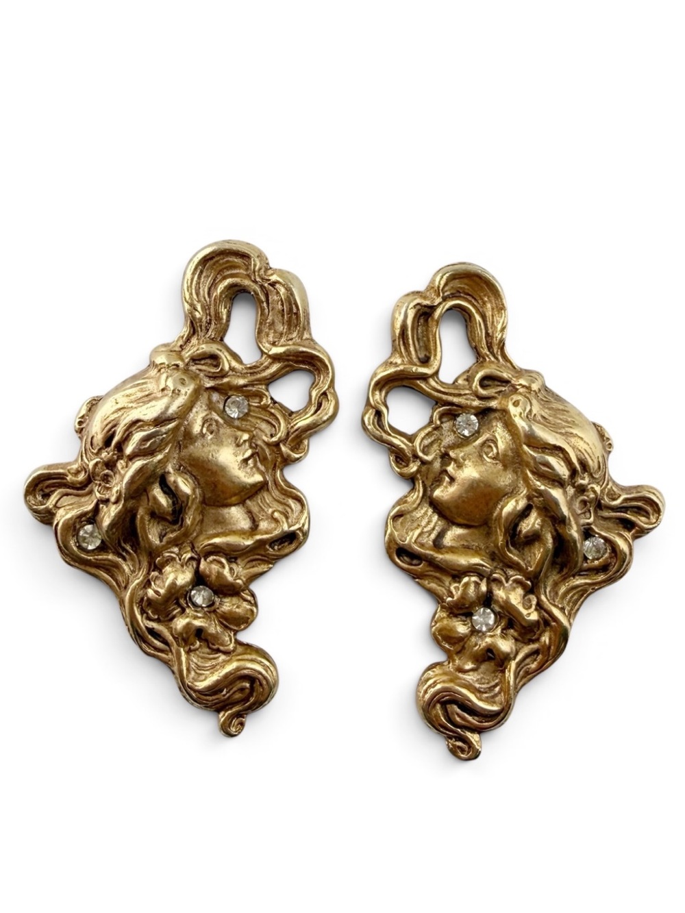 Vintage Art Nouveau Revival Maiden Lady Woman Floral Goldtone Clip On Earrings